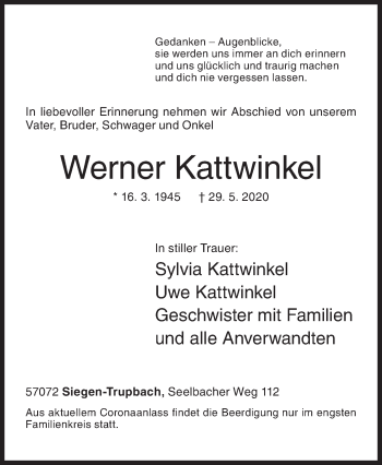 Traueranzeige von Werner Kattwinkel von Siegener Zeitung