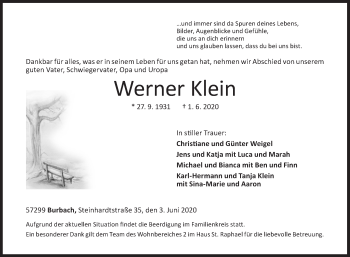Traueranzeige von Werner Klein von Siegener Zeitung