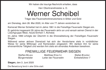Traueranzeige von Werner Scheibel von Siegener Zeitung