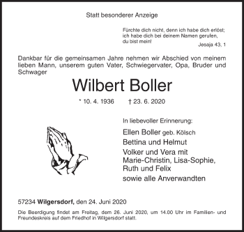 Traueranzeige von Wilbert Boller von Siegener Zeitung