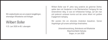 Traueranzeige von Wilbert Boller von Siegener Zeitung