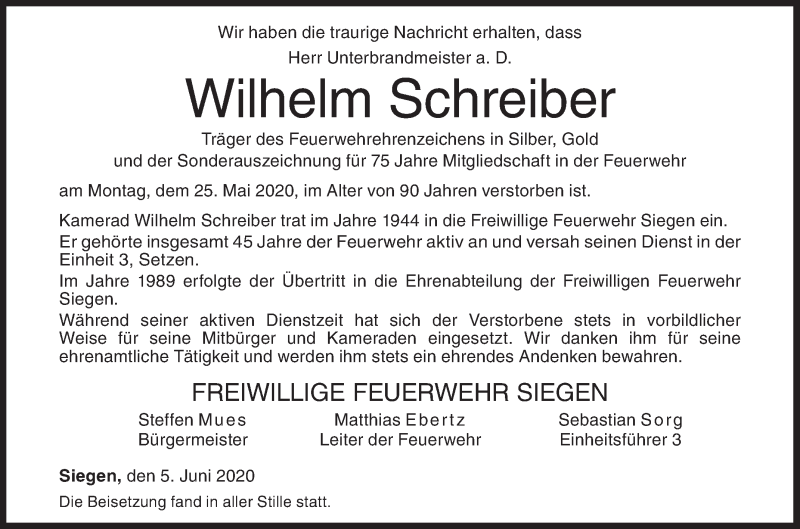  Traueranzeige für Wilhelm Schreiber vom 05.06.2020 aus Siegener Zeitung