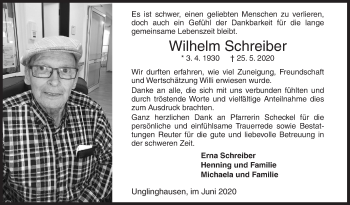 Traueranzeige von Wilhelm Schreiber von Siegener Zeitung
