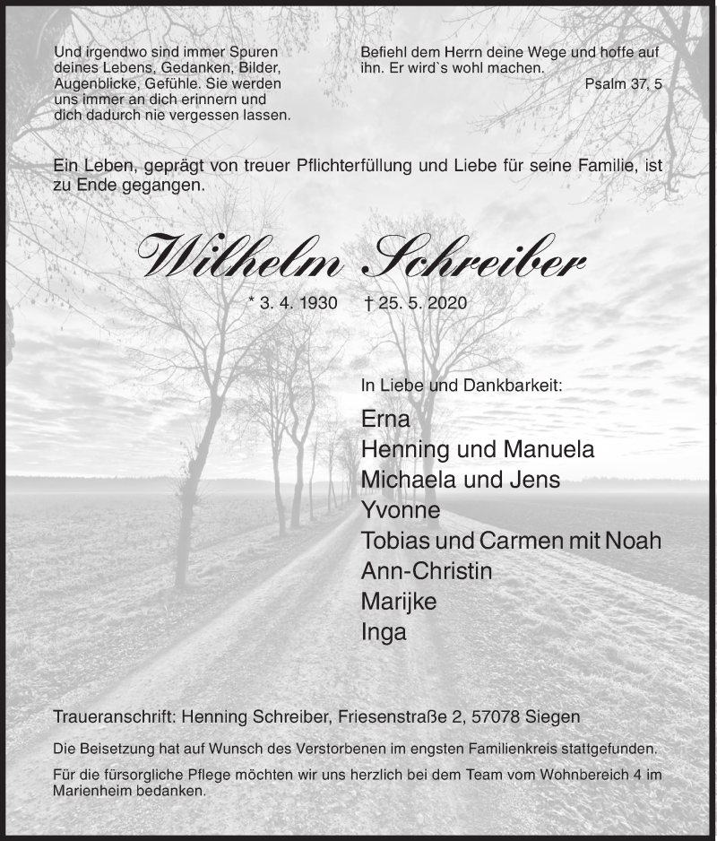  Traueranzeige für Wilhelm Schreiber vom 05.06.2020 aus Siegener Zeitung
