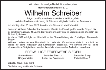 Traueranzeige von Wilhelm Schreiber von Siegener Zeitung