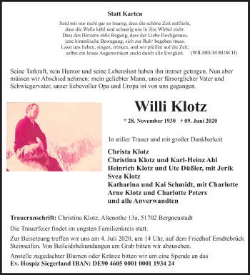 Traueranzeige von Willi Klotz von Siegener Zeitung