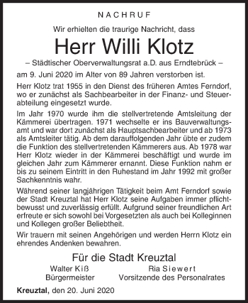 Traueranzeige von Willi Klotz von Siegener Zeitung