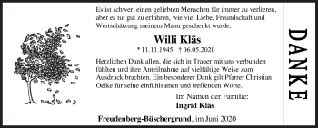 Traueranzeige von Willi Kläs von Siegener Zeitung