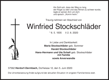 Traueranzeige von Winfried Stockschläder von Siegener Zeitung
