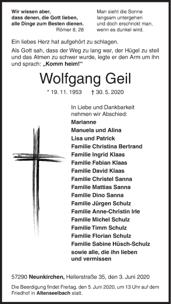 Traueranzeige von Wolfgang Geil von Siegener Zeitung