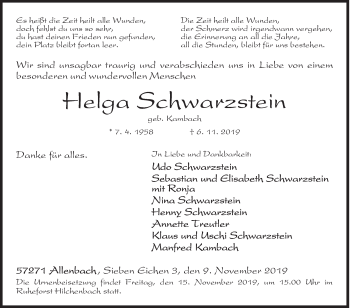 Traueranzeige von Helga Schwarzstein von Siegener Zeitung