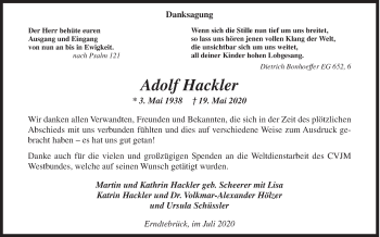 Traueranzeige von Adolf Hackler von Siegener Zeitung
