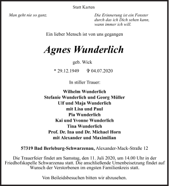 Traueranzeige von Agnes Wunderlich von Siegener Zeitung