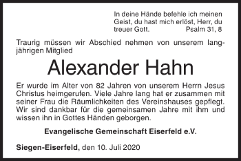 Traueranzeige von Alexander Hahn von Siegener Zeitung