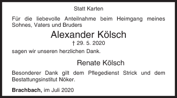 Traueranzeige von Alexander Kölsch von Siegener Zeitung