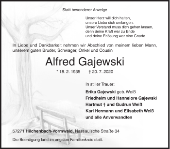 Traueranzeige von Alfred Gajewski von Siegener Zeitung