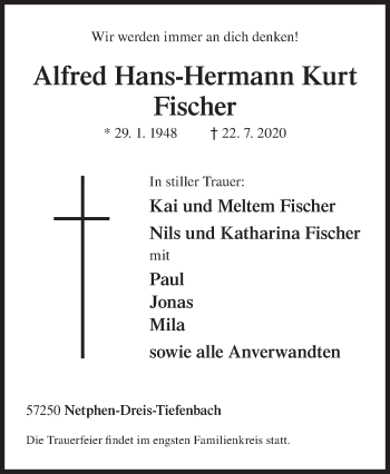 Traueranzeige von Alfred Hans-Hermann Kurt Fischer von Siegener Zeitung