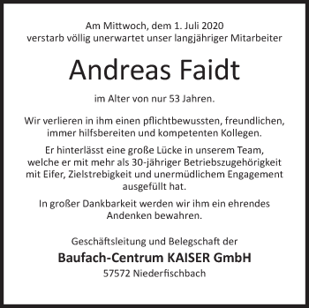 Traueranzeige von Andreas Faidt von Siegener Zeitung