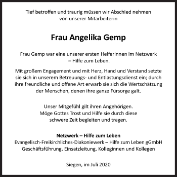 Traueranzeige von Angelika Gemp von Siegener Zeitung