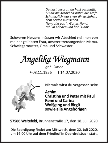 Traueranzeige von Angelika  Wiegmann von Siegener Zeitung