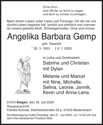 Traueranzeige von Angelika Barbara Gemp von Siegener Zeitung