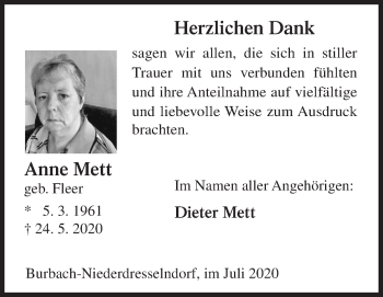 Traueranzeige von Anne Mett von Siegener Zeitung