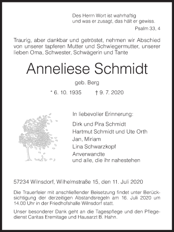 Traueranzeige von Anneliese Schmidt von Siegener Zeitung