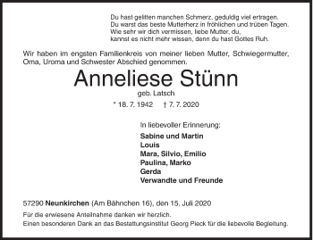 Traueranzeige von Anneliese Stünn von Siegener Zeitung