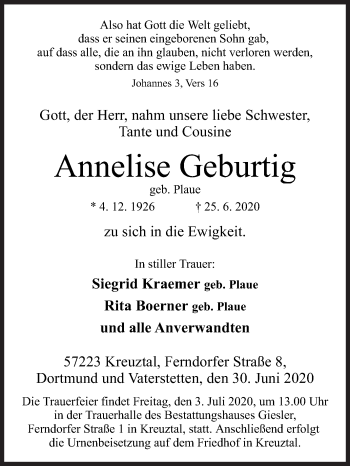 Traueranzeige von Annelise Geburtig von Siegener Zeitung