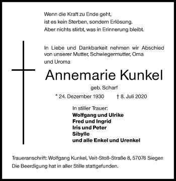 Traueranzeige von Annemarie Kunkel von Siegener Zeitung