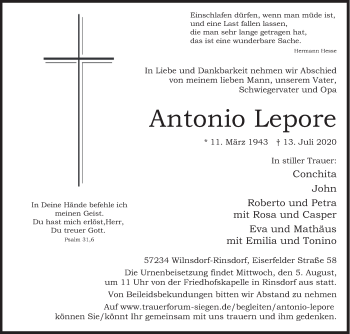 Traueranzeige von Antonio Lepore von Siegener Zeitung