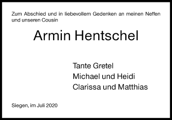 Traueranzeige von Armin Hentschel von Siegener Zeitung