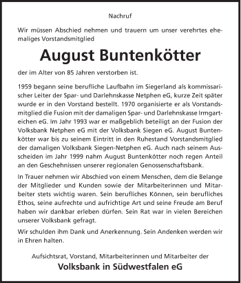Traueranzeige von August Buntenkötter von Siegener Zeitung