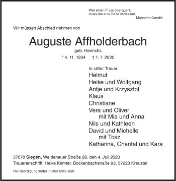 Traueranzeige von Auguste Affholderbach von Siegener Zeitung