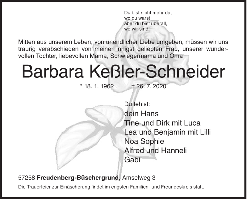  Traueranzeige für Barbara Keßler-Schneider vom 28.07.2020 aus Siegener Zeitung