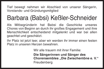 Traueranzeige von Barbara Keßler-Schneider von Siegener Zeitung