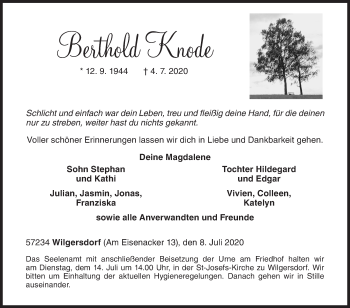 Traueranzeige von Berthold Knode von Siegener Zeitung