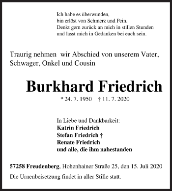 Traueranzeige von Burkhard Friedrich von Siegener Zeitung