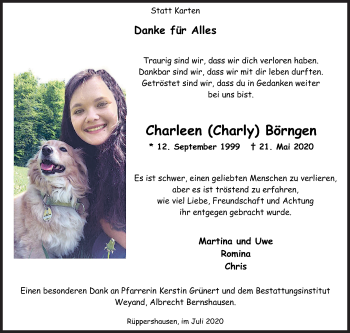 Traueranzeige von Charleen Börngen von Siegener Zeitung