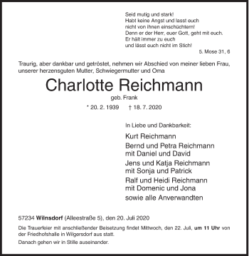 Traueranzeige von Charlotte Reichmann von Siegener Zeitung
