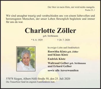 Traueranzeige von Charlotte Zöller von Siegener Zeitung