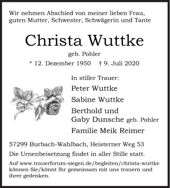 Traueranzeige von Christa Wuttke von Siegener Zeitung