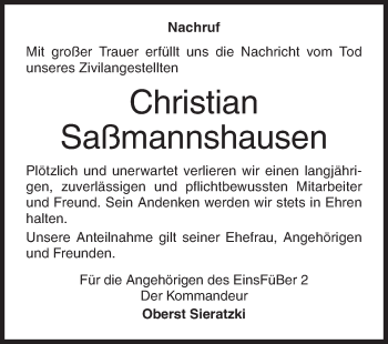 Traueranzeige von Christian Saßmannshausen von Siegener Zeitung