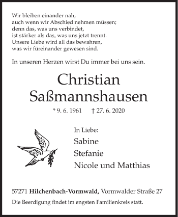 Traueranzeige von Christian Saßmannshausen von Siegener Zeitung