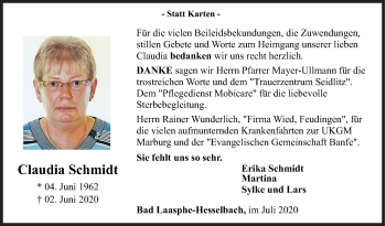 Traueranzeige von Claudia Schmidt von Siegener Zeitung