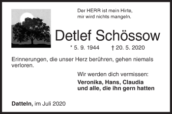 Traueranzeige von Detlef Schössow von Siegener Zeitung