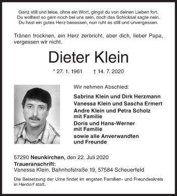 Traueranzeige von Dieter Klein von Siegener Zeitung