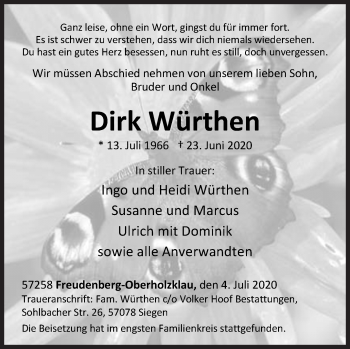 Traueranzeige von Dirk Würthen von Siegener Zeitung