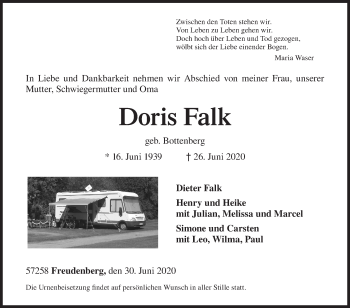 Traueranzeige von Doris Falk von Siegener Zeitung