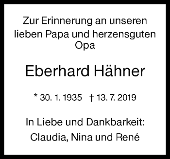 Traueranzeige von Eberhard Hähner von Siegener Zeitung